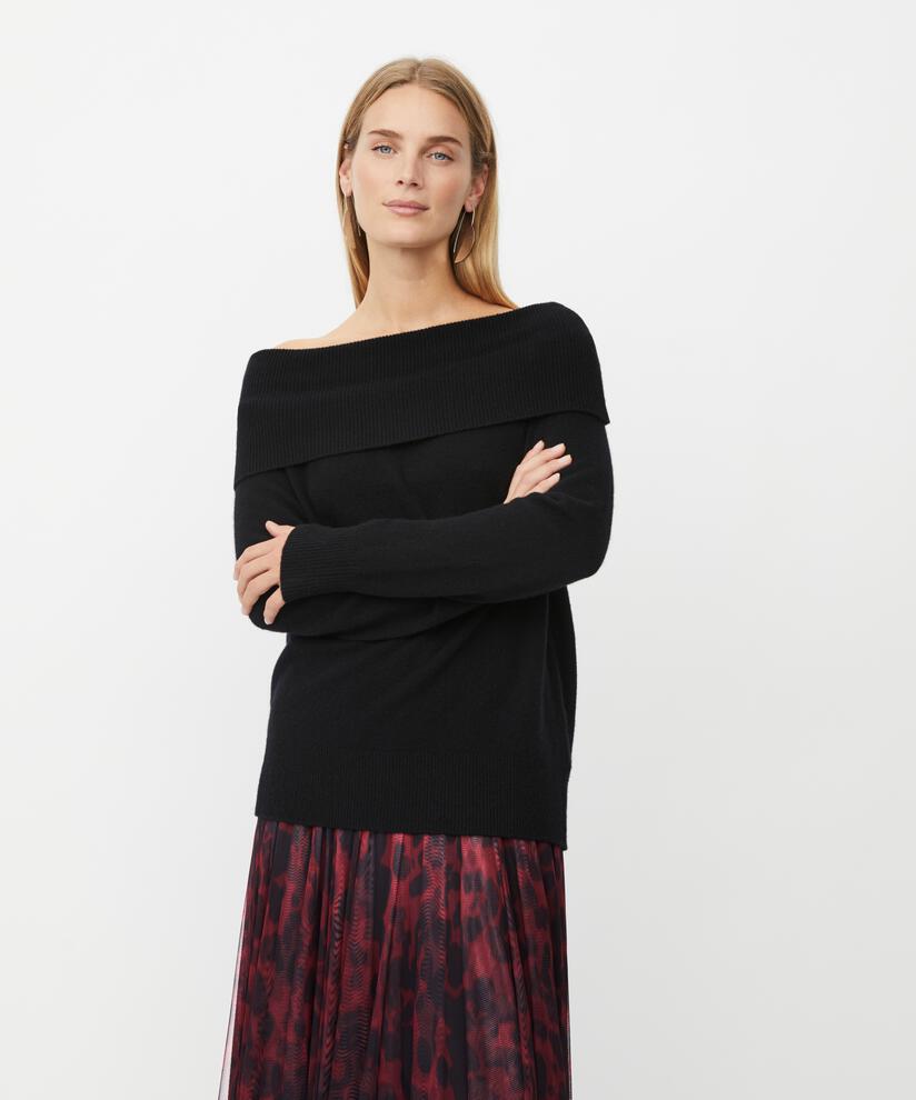 schulterfreier Strickpullover mit gerippten Kanten, Black