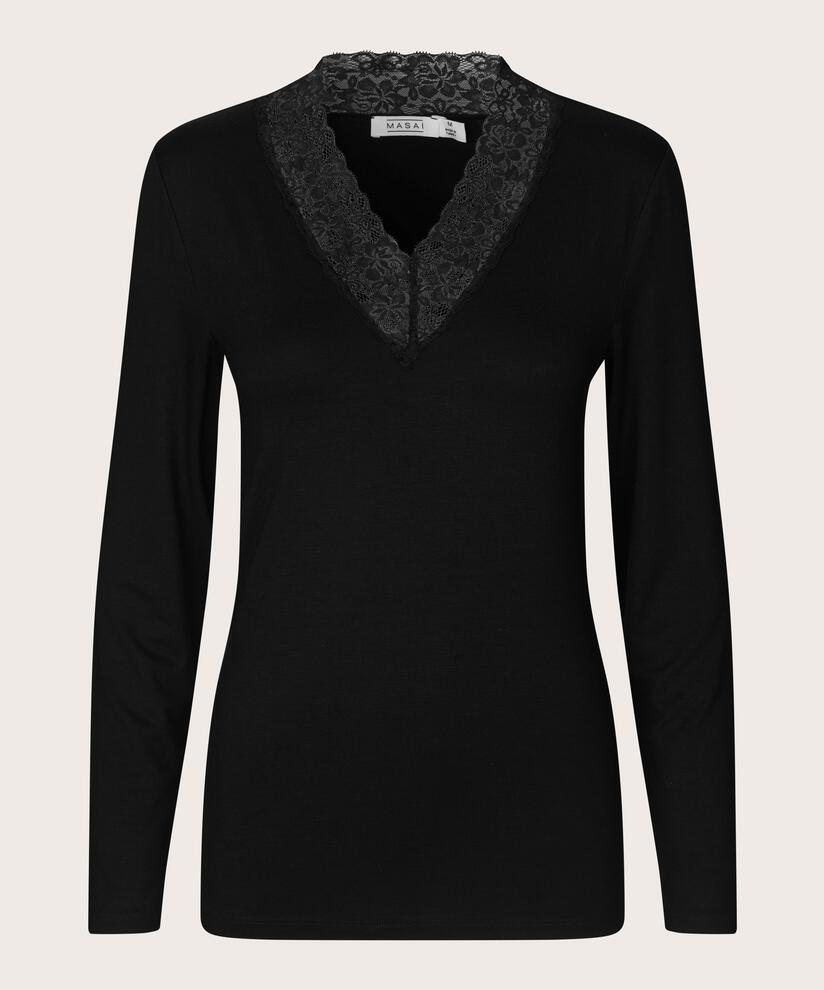 Langarm-Jerseybluse mit Spitzenbesatz, Black
