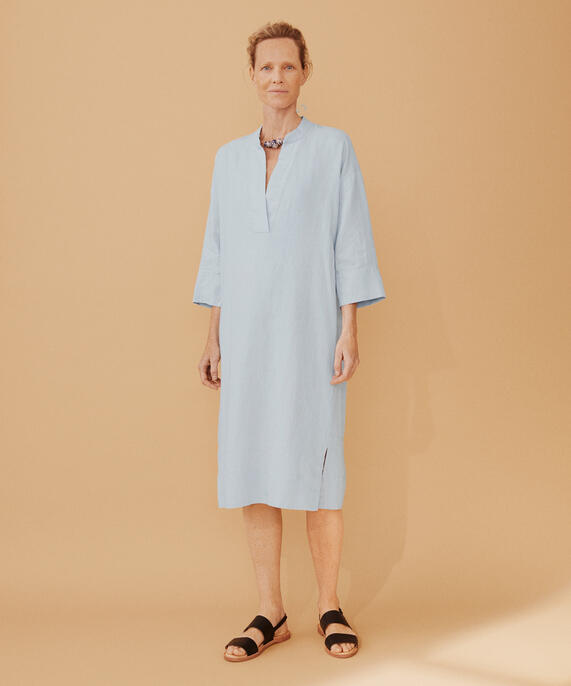 Leinenkleid mit tiefem V-Ausschnitt, Cel Blue