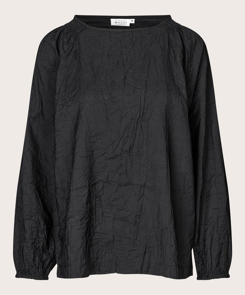 Bluse aus geknitterter Viskose mit geradem Ausschnitt, Black
