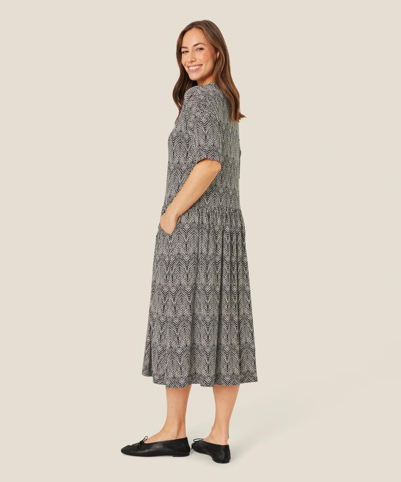 Bedrucktes Jerseykleid mit Rundhalsausschnitt und Eingrifftaschen, Black