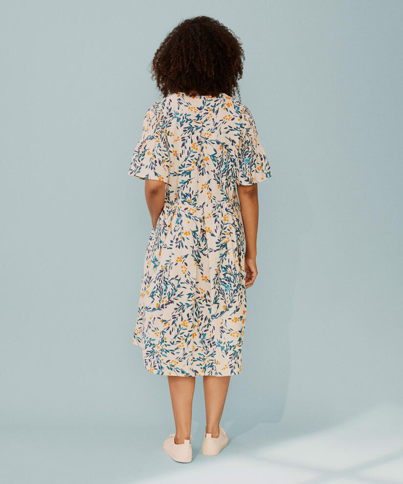 Viskosekleid mit V-Ausschnitt und Smok an den Ärmeln, Russ Orange