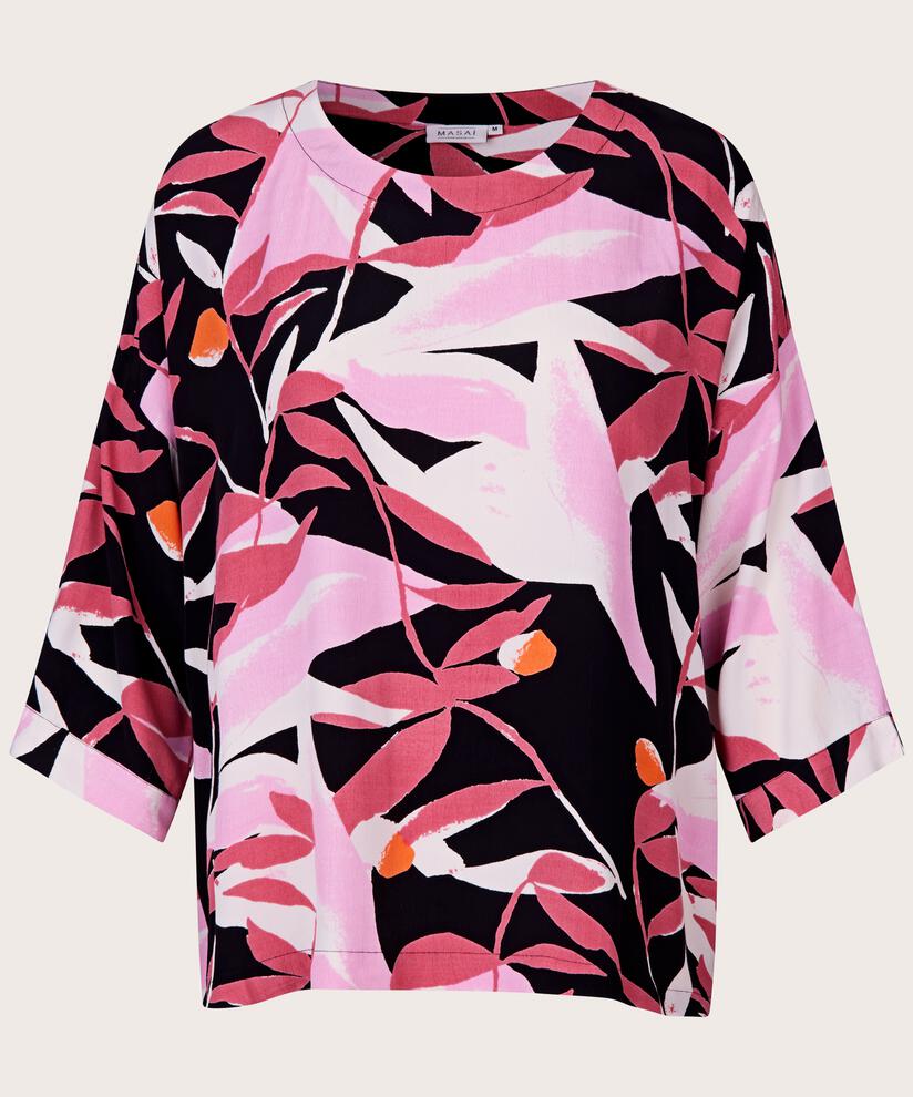 Rundhals Bluse mit 3/4 ärmeln, Begonia Pink