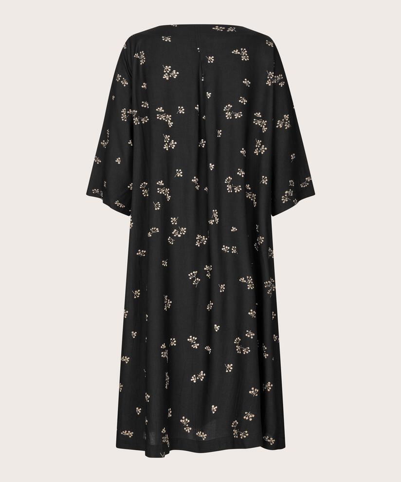 Viskosekleid mit Blumenprint und Falten am Hals, Black