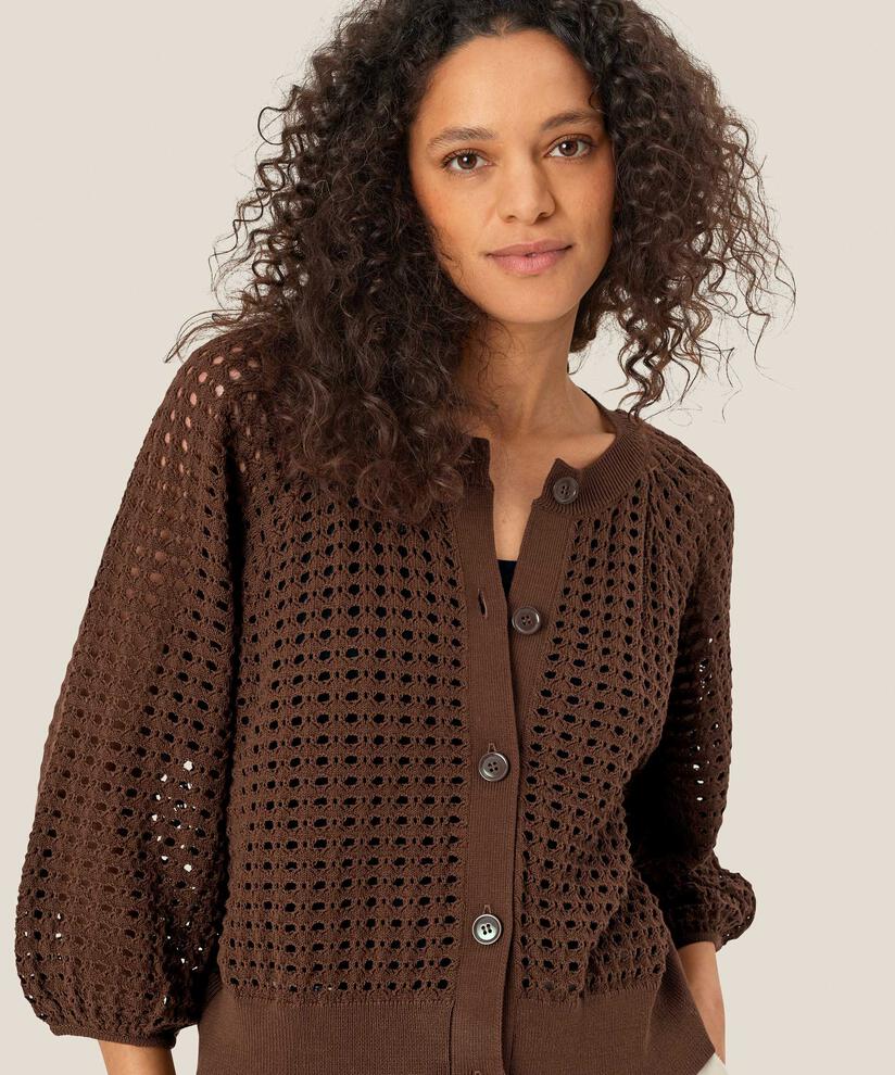 Lochmuster-Cardigan mit 3/4 Ärmeln, Chestnut