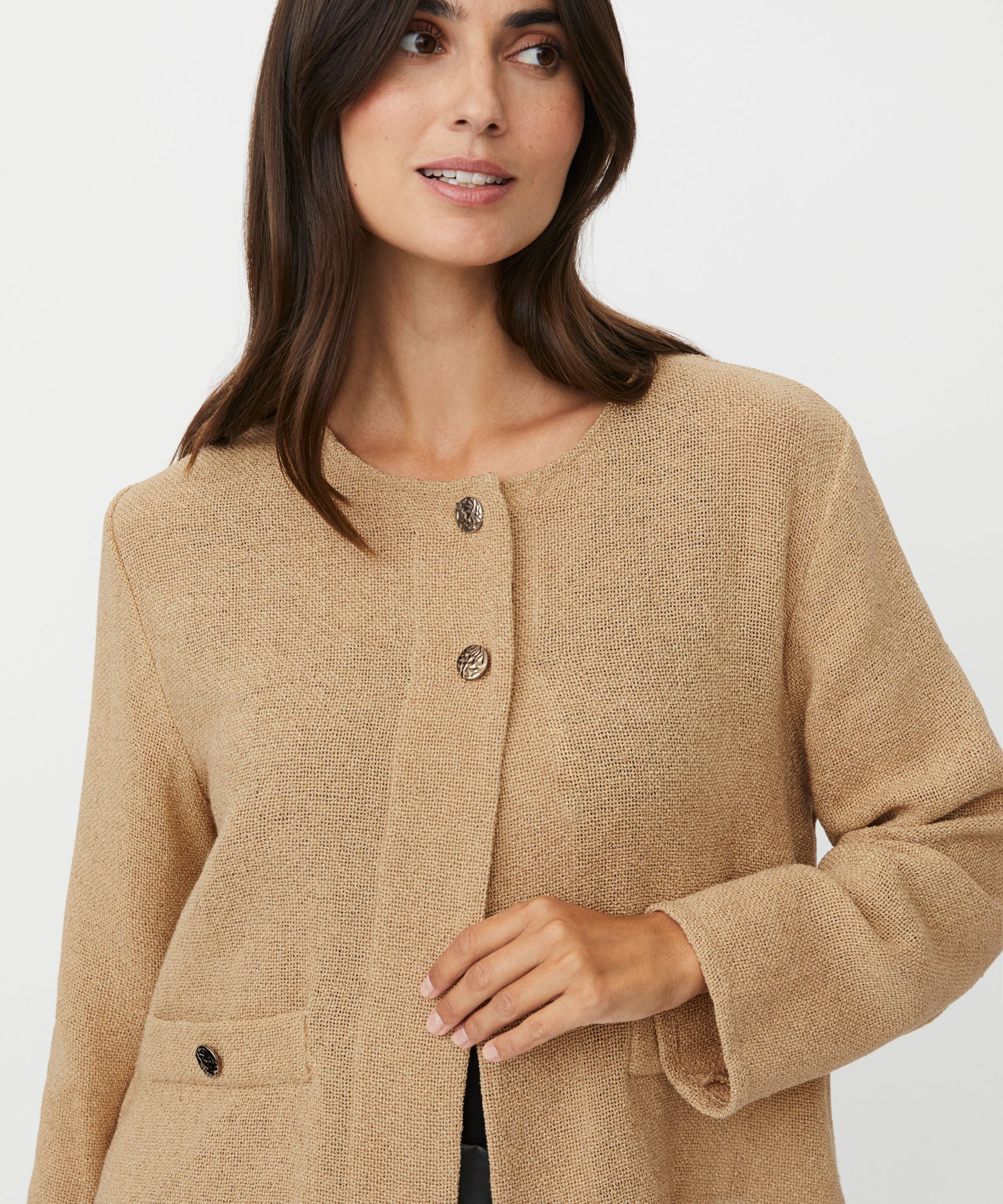 Bouclé-Jacke mit Taschen und goldenen Knöpfen, Travertine