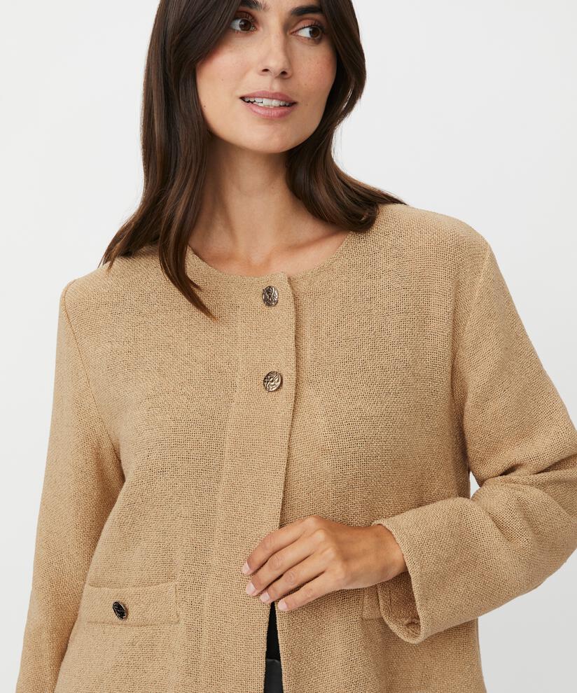Bouclé-Jacke mit Taschen und goldenen Knöpfen, Travertine
