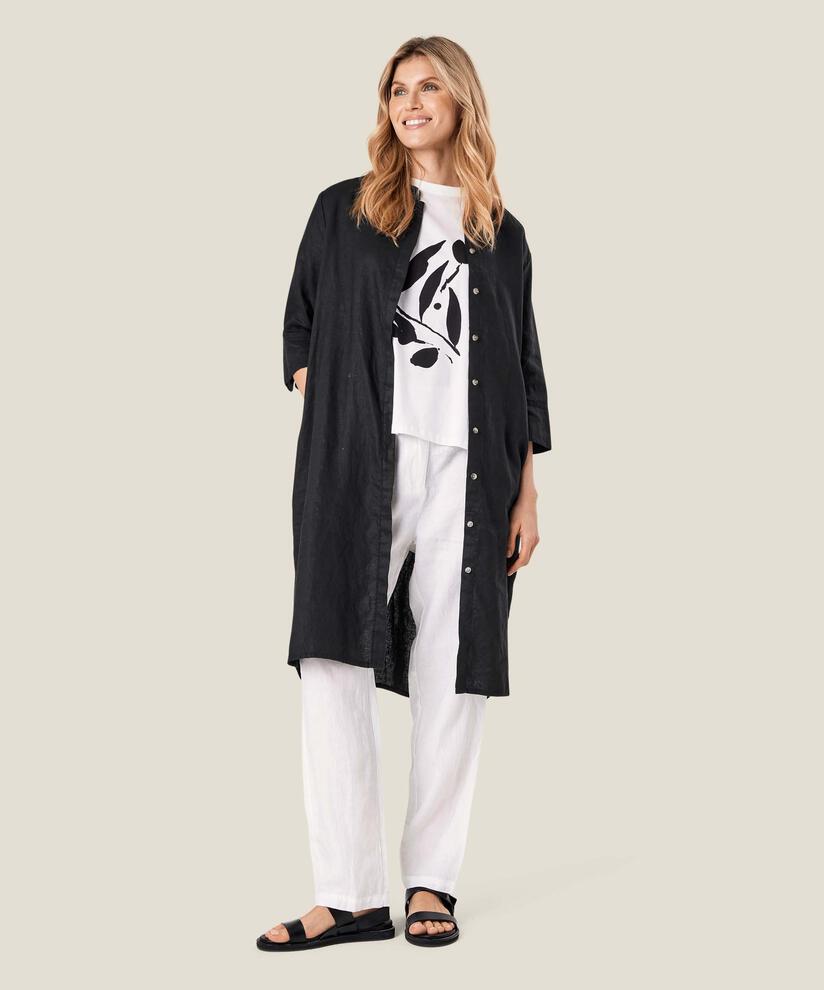 Hemdkleid aus Leinen mit Dreiviertelärmeln, Black