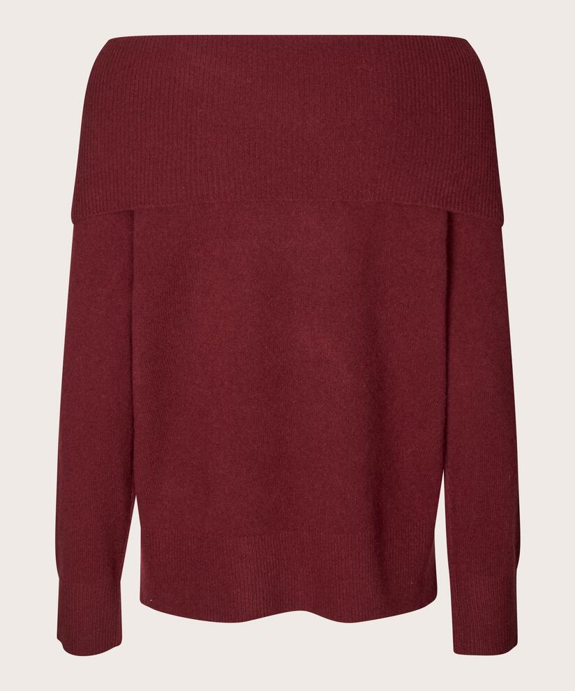 schulterfreier Strickpullover mit gerippten Kanten, Tawny Port