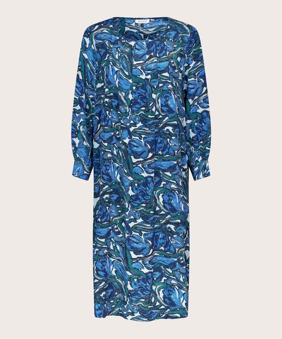 Bedrucktes Viskosekleid mit langen Ärmeln, Blue Fog