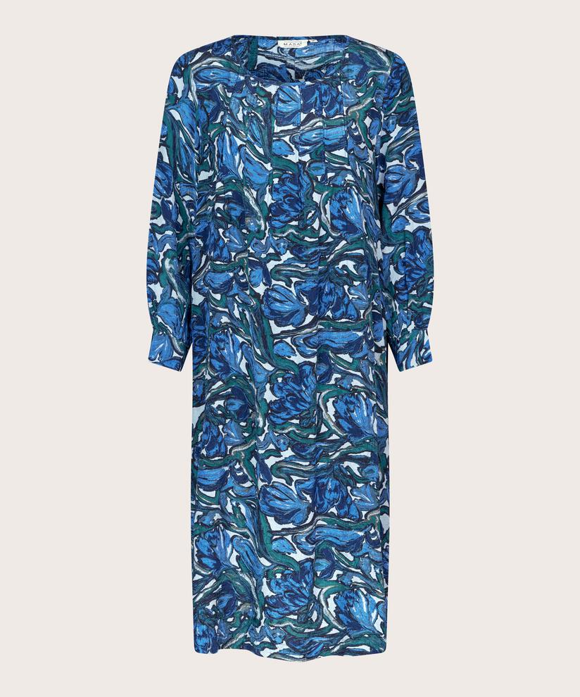 Bedrucktes Viskosekleid mit langen Ärmeln, Blue Fog
