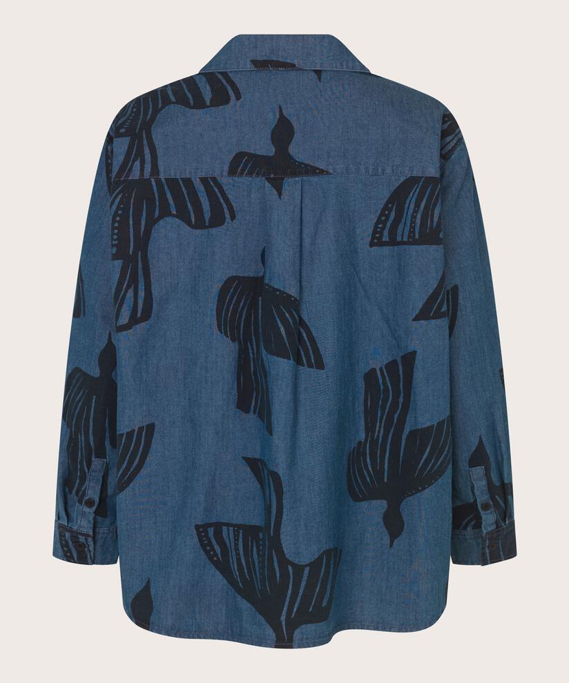 Bedrucktes Jeanshemd mit V-Ausschnitt, Dark Denim