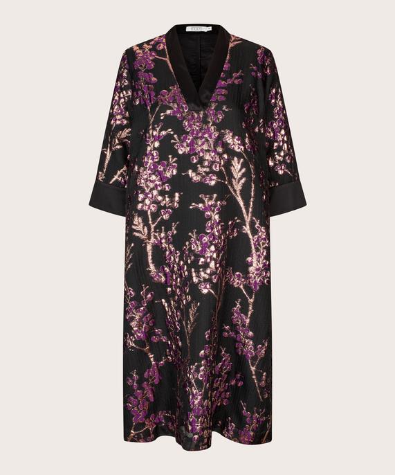 Kleid mit gewebtem Blumendruck und V-Ausschnitt, Black