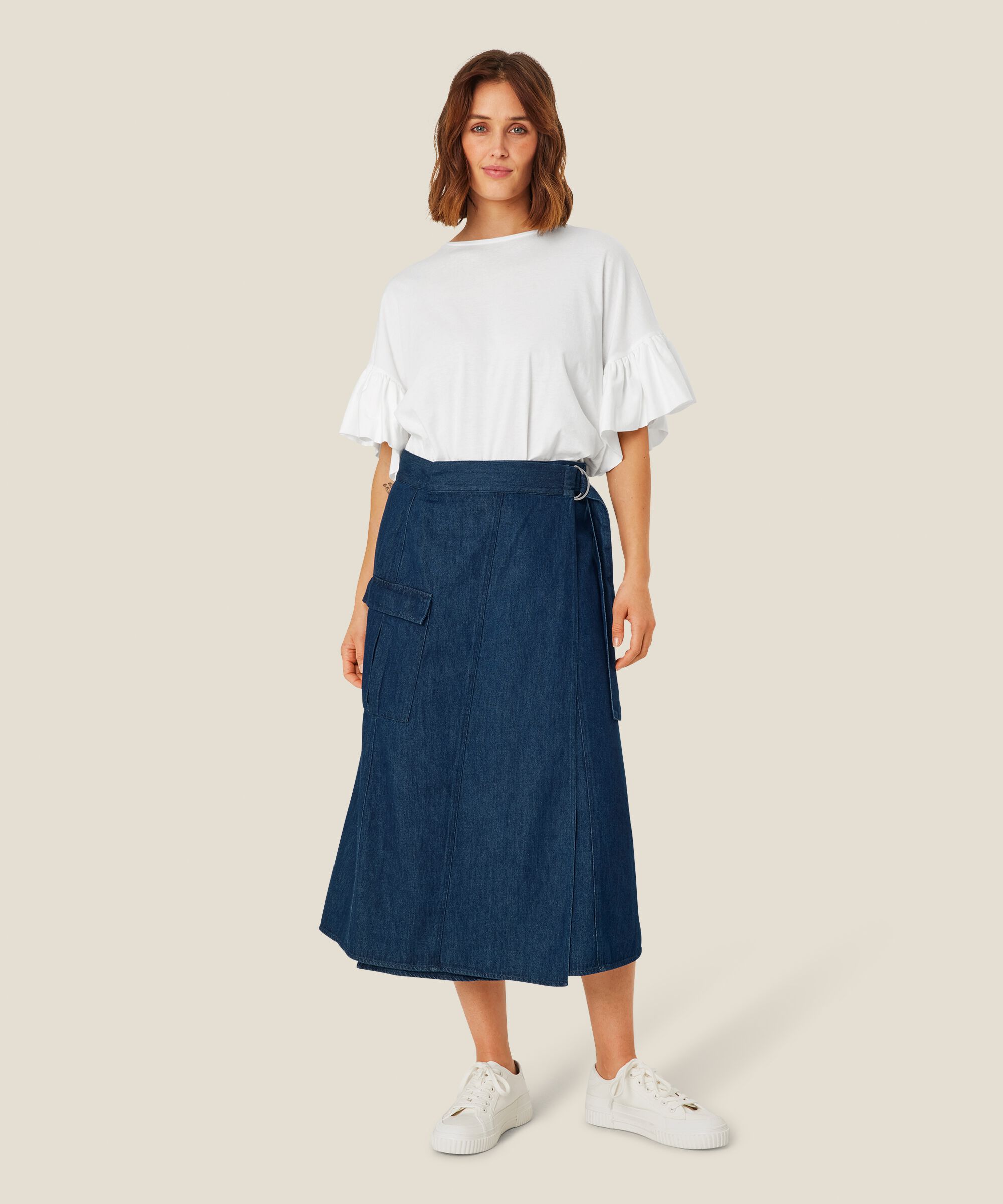 Jeansrock mit Gürtel und Wickeleffekt, Dark Denim