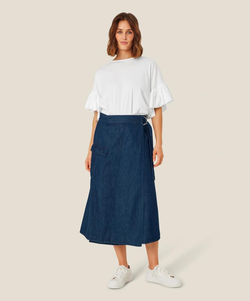 Jeansrock mit Gürtel und Wickeleffekt, Dark Denim