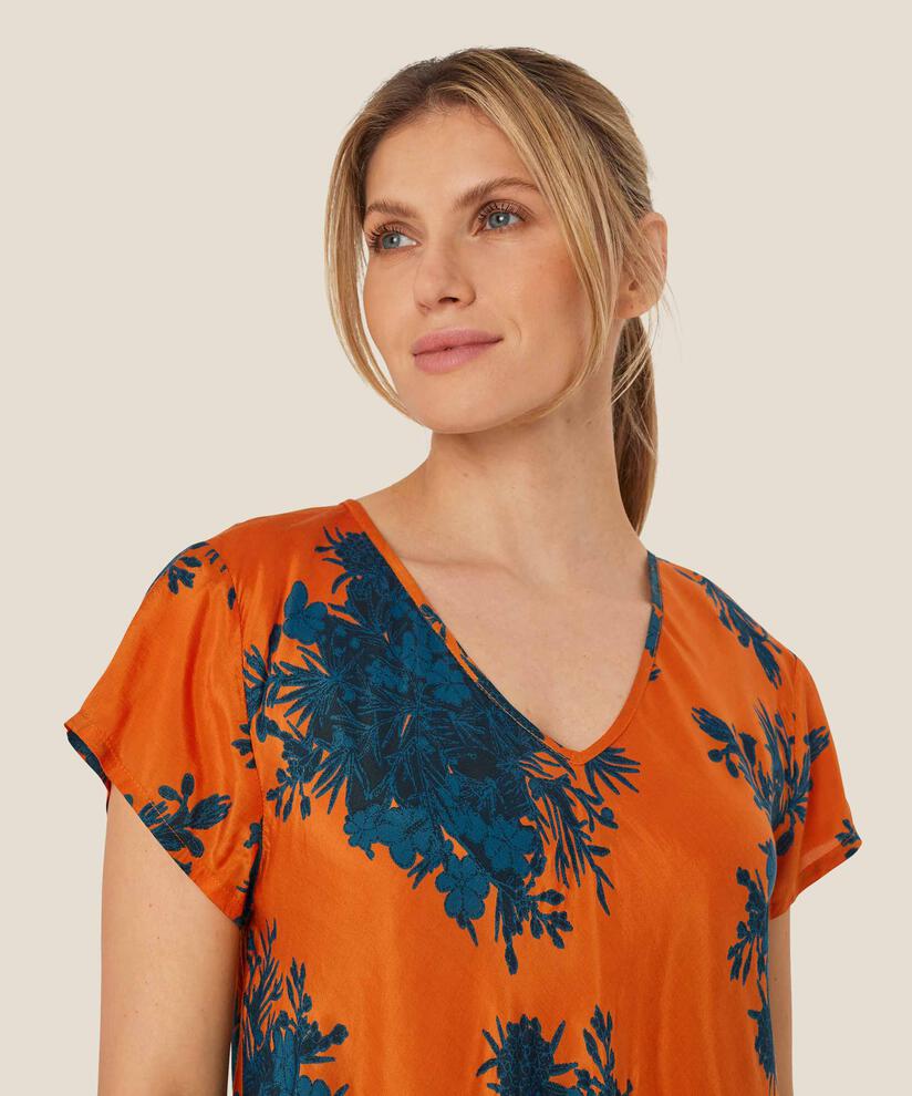 Bedrucktes Viskosekleid mit V-Ausschnitt, Russ Orange