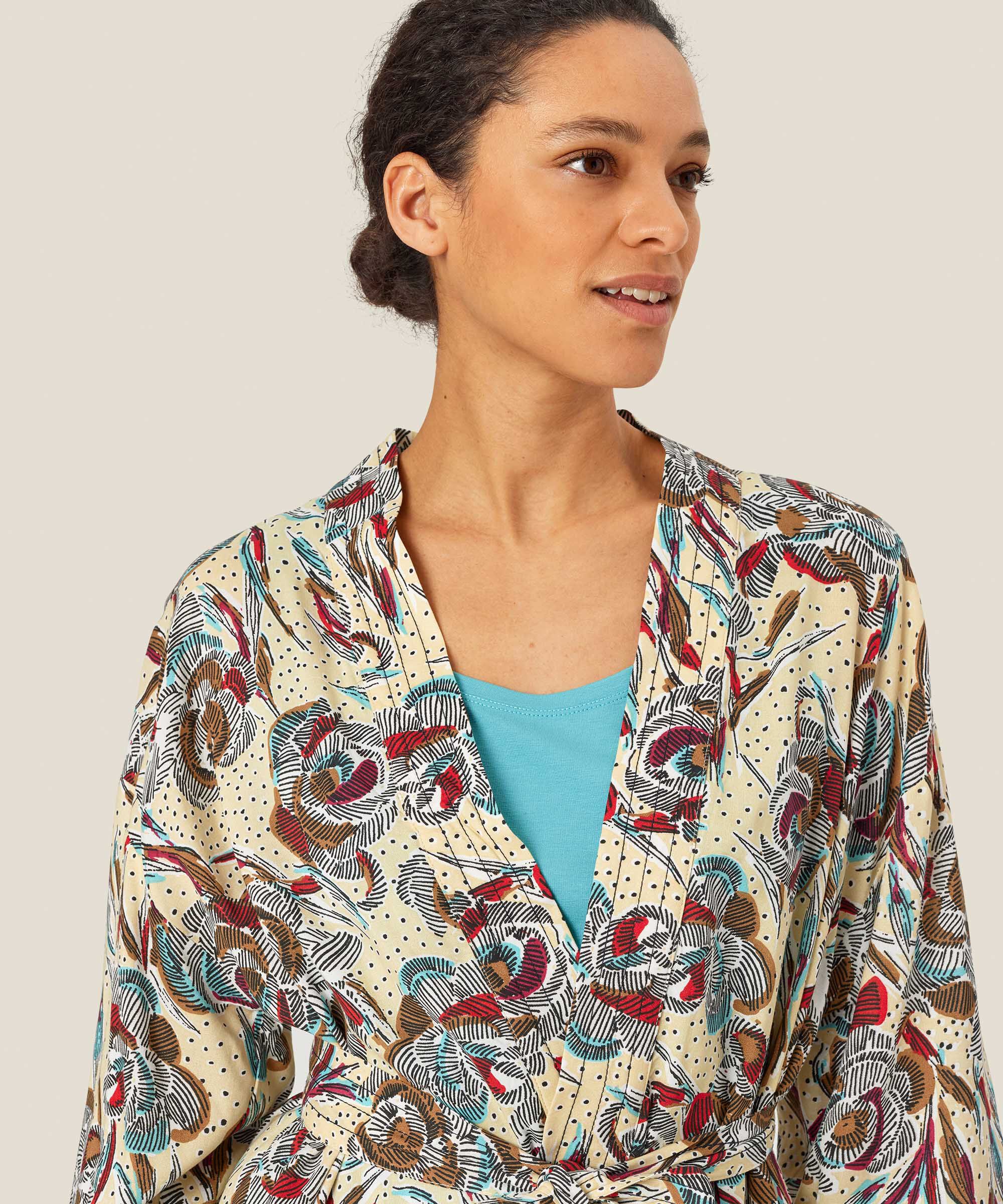 bedruckte Viskosejacke mit 3/4 Ärmeln und Gürtel, Soybean