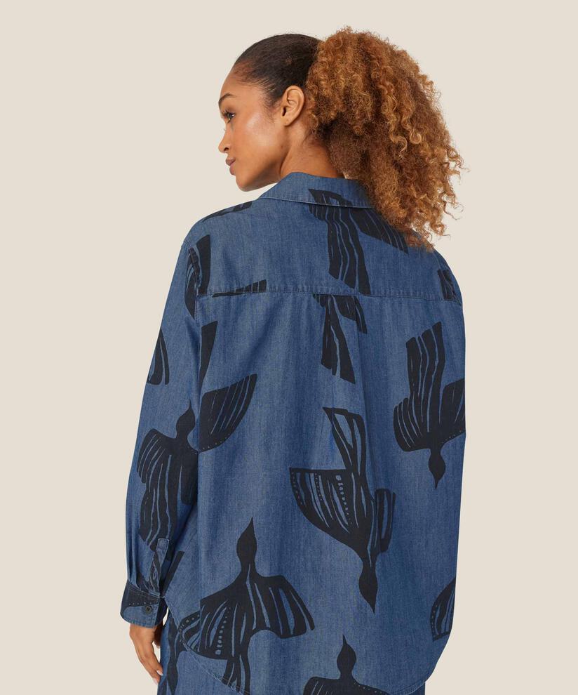 Bedrucktes Jeanshemd mit V-Ausschnitt, Dark Denim