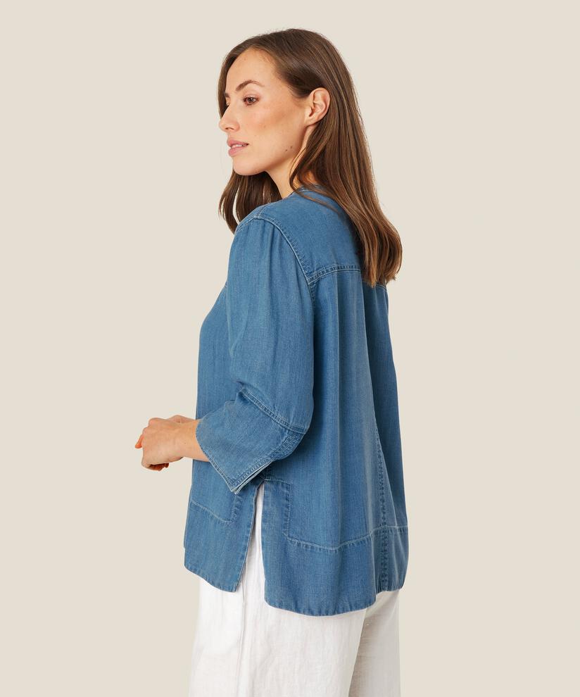 Denim-Bluse mit 3/4-Ärmeln und Ziernähten, Light Denim