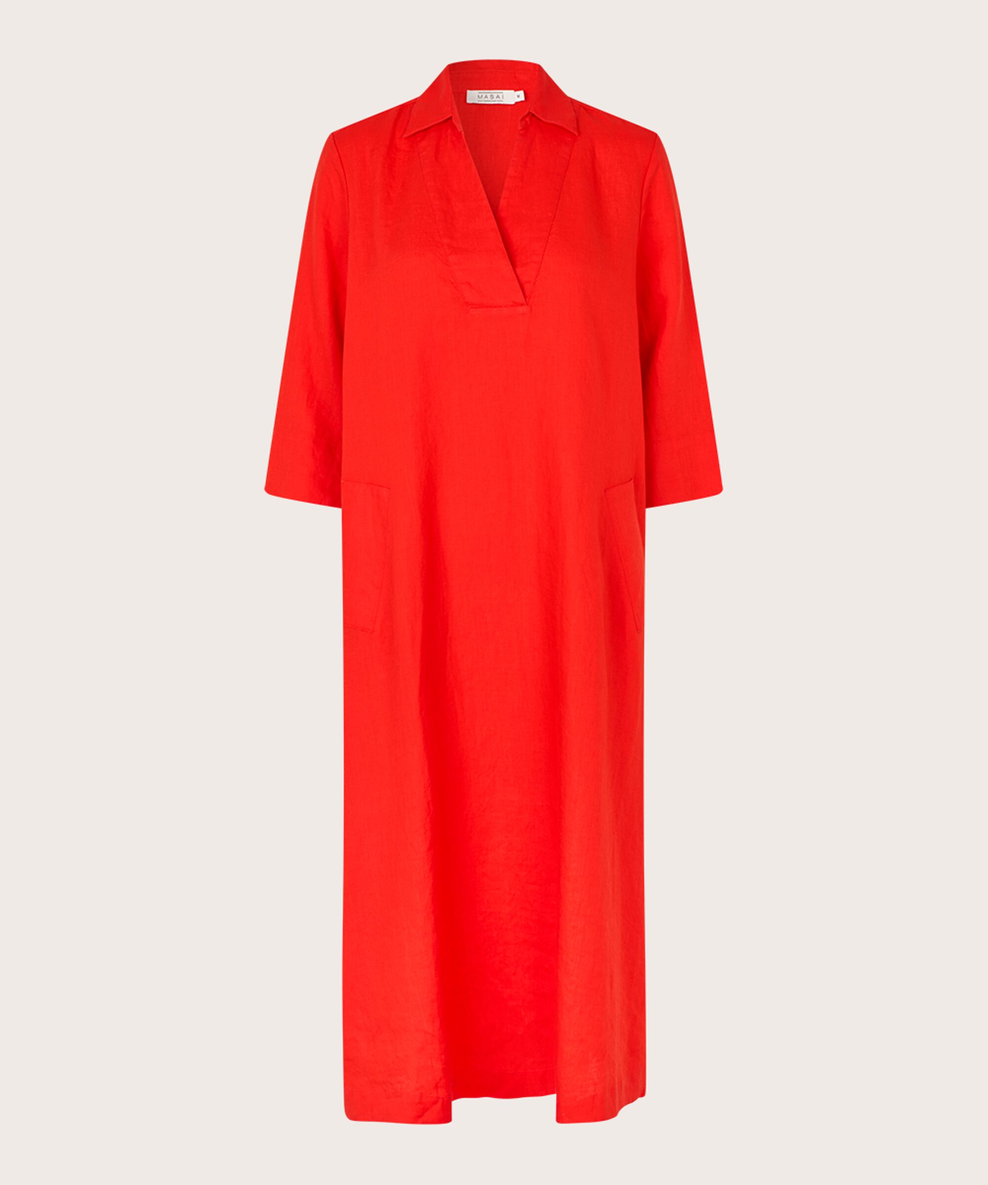 Leinenkleid mit V-Ausschnitt und Taschen, Poinciana