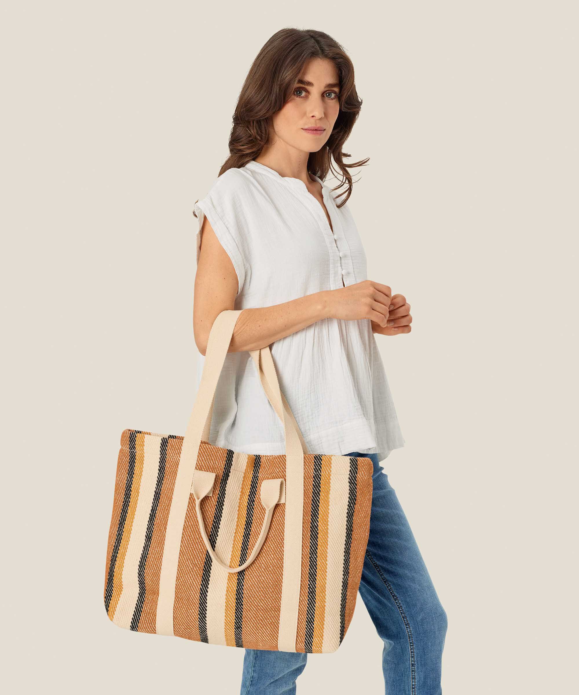 gestreifter Baumwoll-Shopper mit Knopfverschluss, Cashew