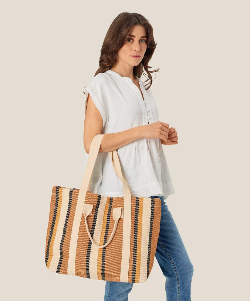 gestreifter Baumwoll-Shopper mit Knopfverschluss, Cashew