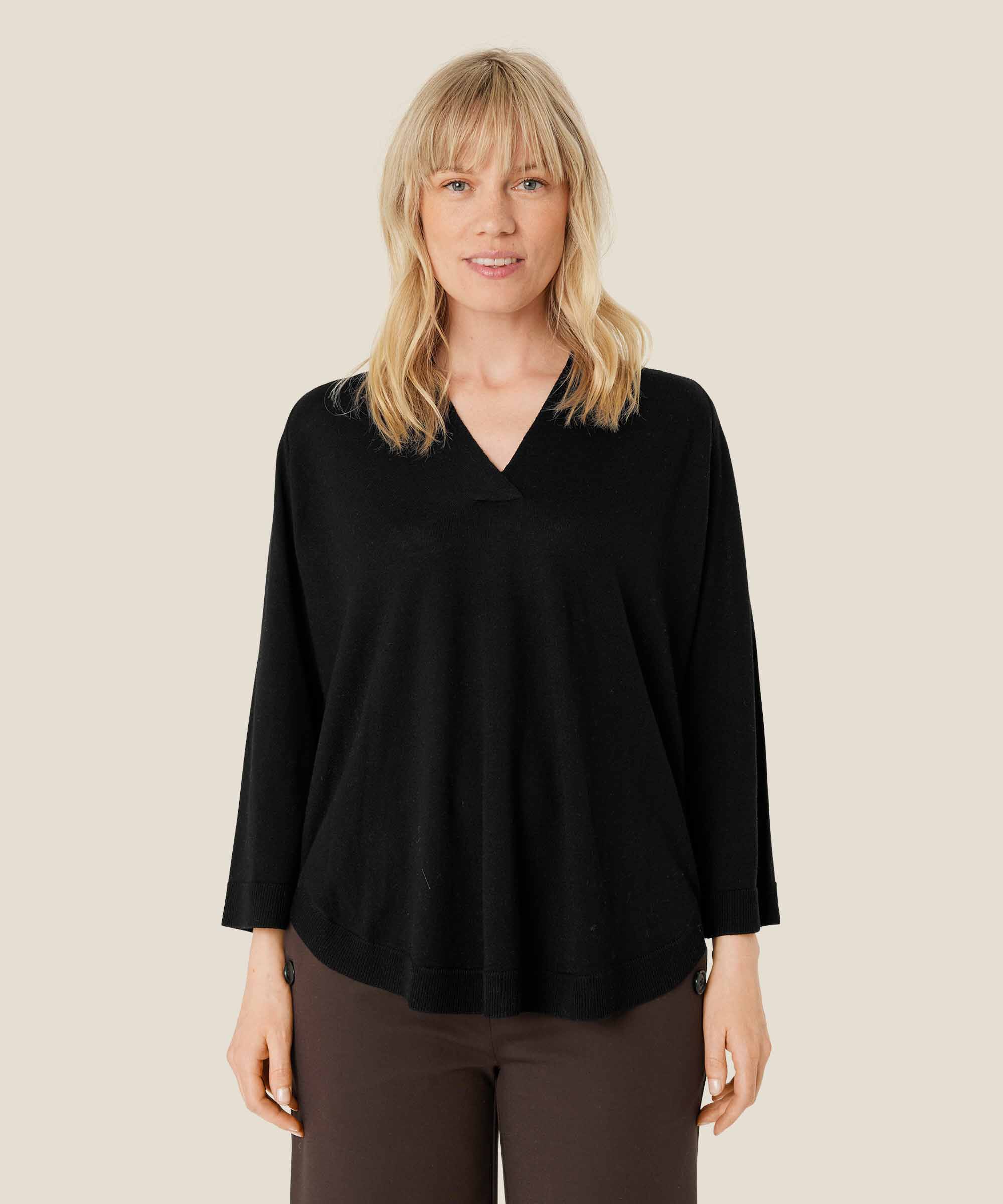 Strickpullover aus Wolle mit V-Ausschnitt, Black