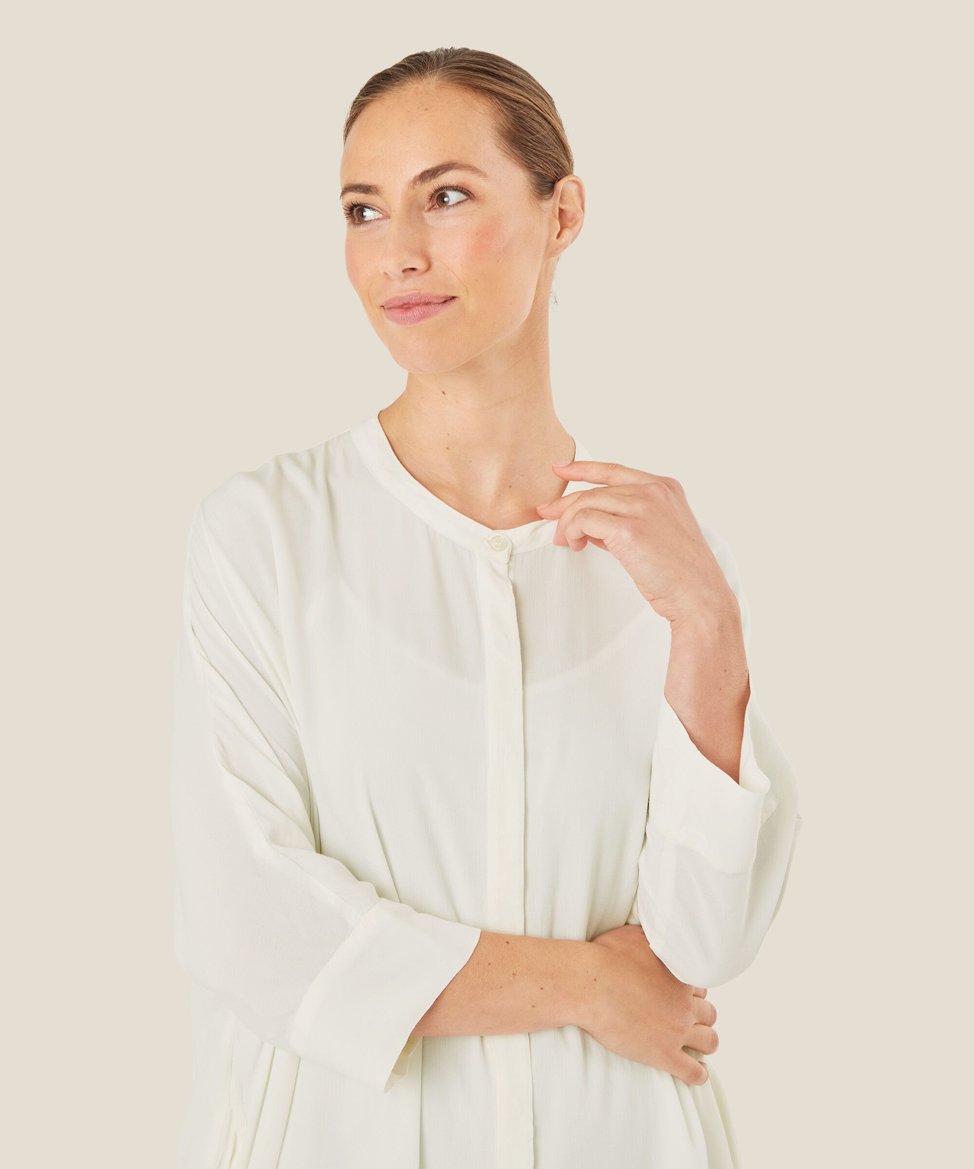 Hemdblusenkleid Aus Viskose Mit Dreiviertelärmeln, Cream