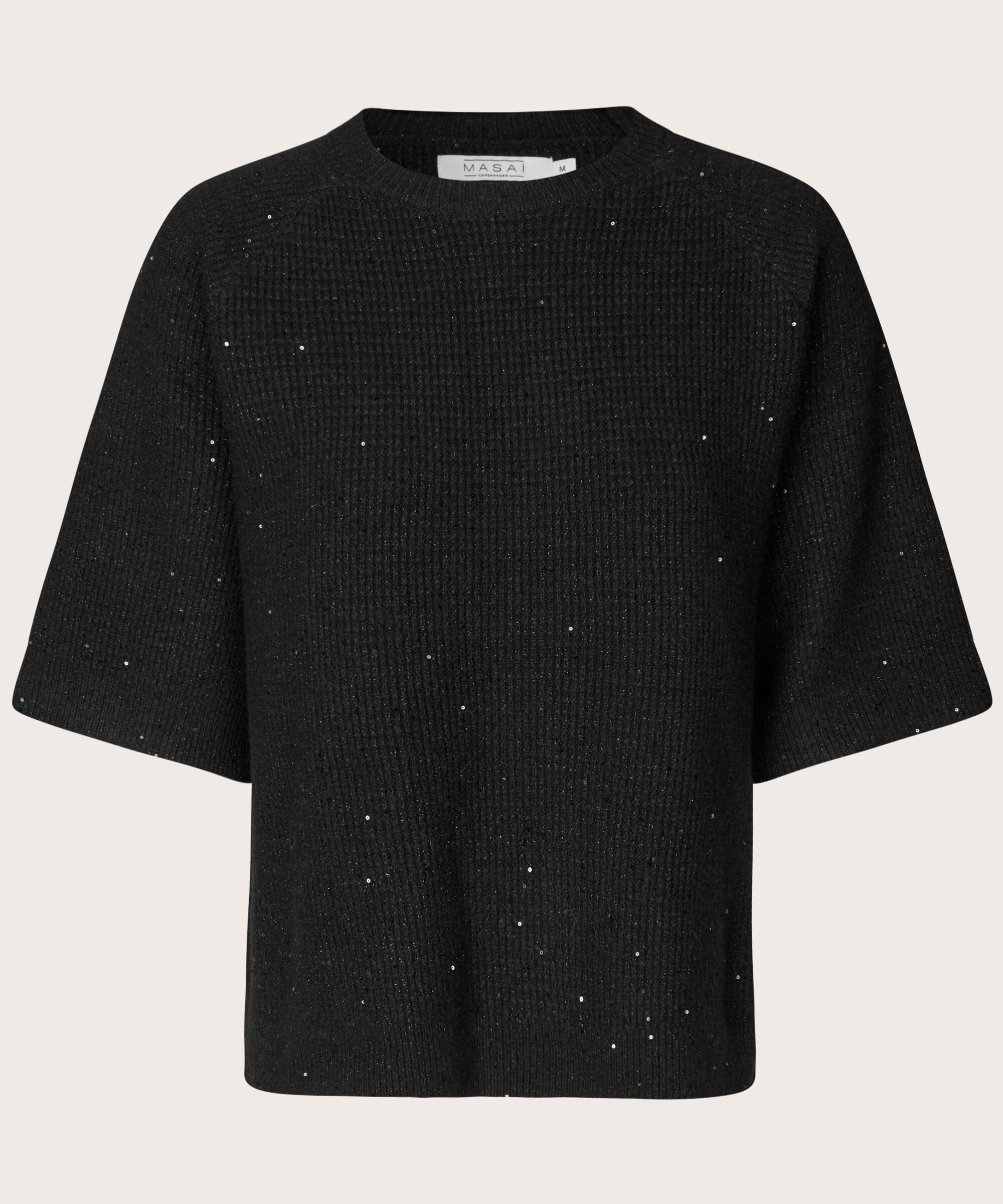 Kurzarmpullover aus Wollmischung mit Pailletten, Black