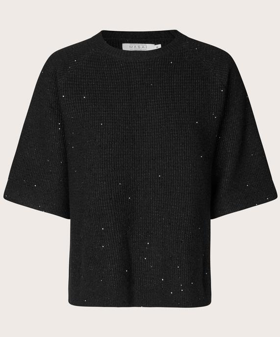 Kurzarmpullover aus Wollmischung mit Pailletten, Black