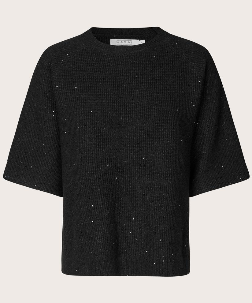 Kurzarmpullover aus Wollmischung mit Pailletten, Black
