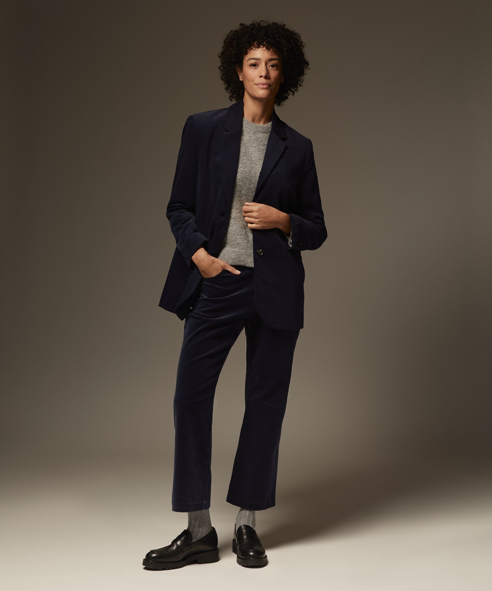 verkürzte Cordhose mit fixiertem Bund, Navy Blazer