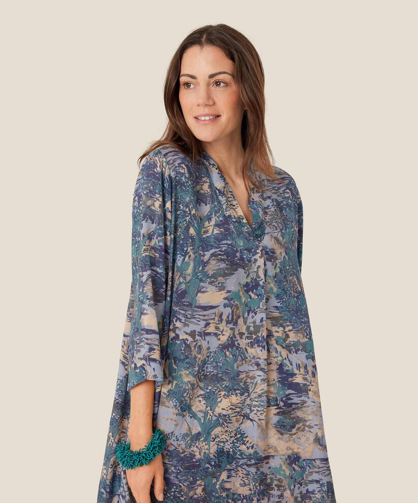Viskosekleid mit V-Ausschnitt und Dreiviertelärmeln, Teal