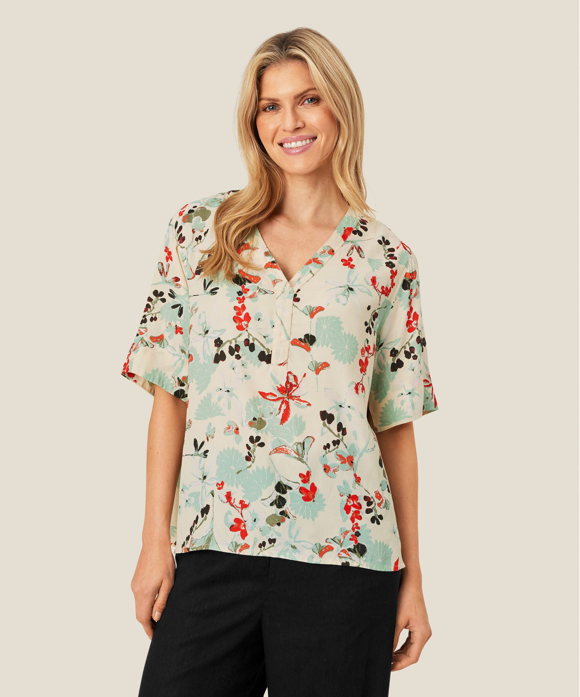 Bedruckte Viskosebluse mit V-Ausschnitt, Frosty Green