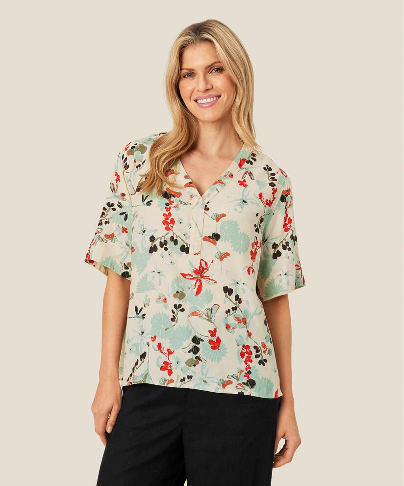 Bedruckte Viskosebluse mit V-Ausschnitt, Frosty Green