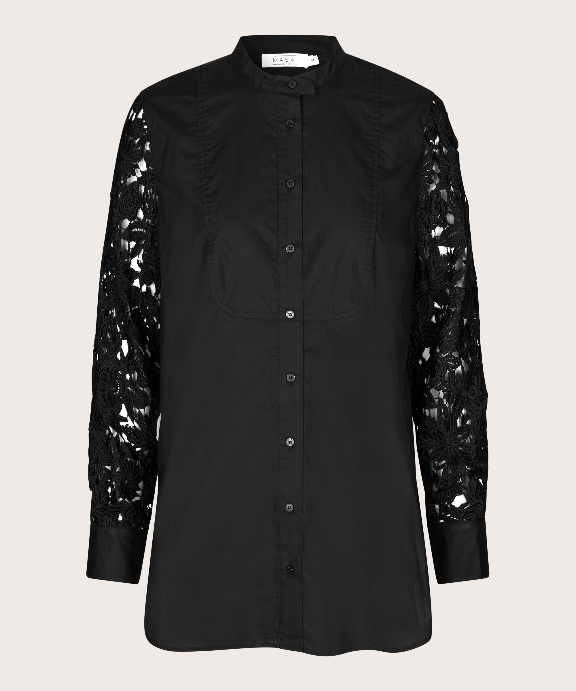 Baumwollhemdbluse mit Spitzenärmeln, Black