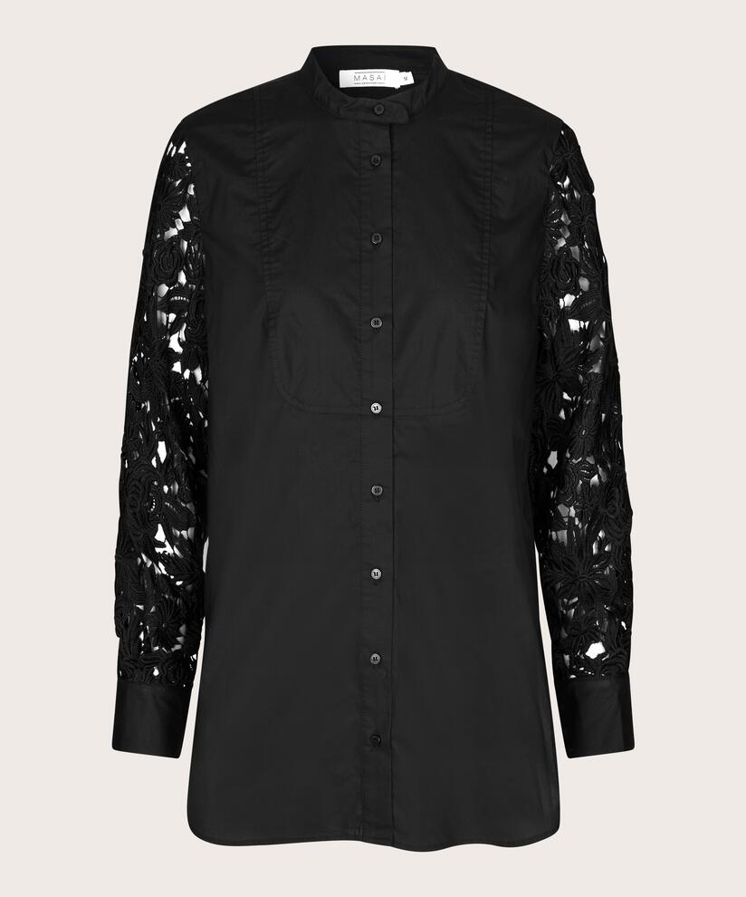 Baumwollhemdbluse mit Spitzenärmeln, Black