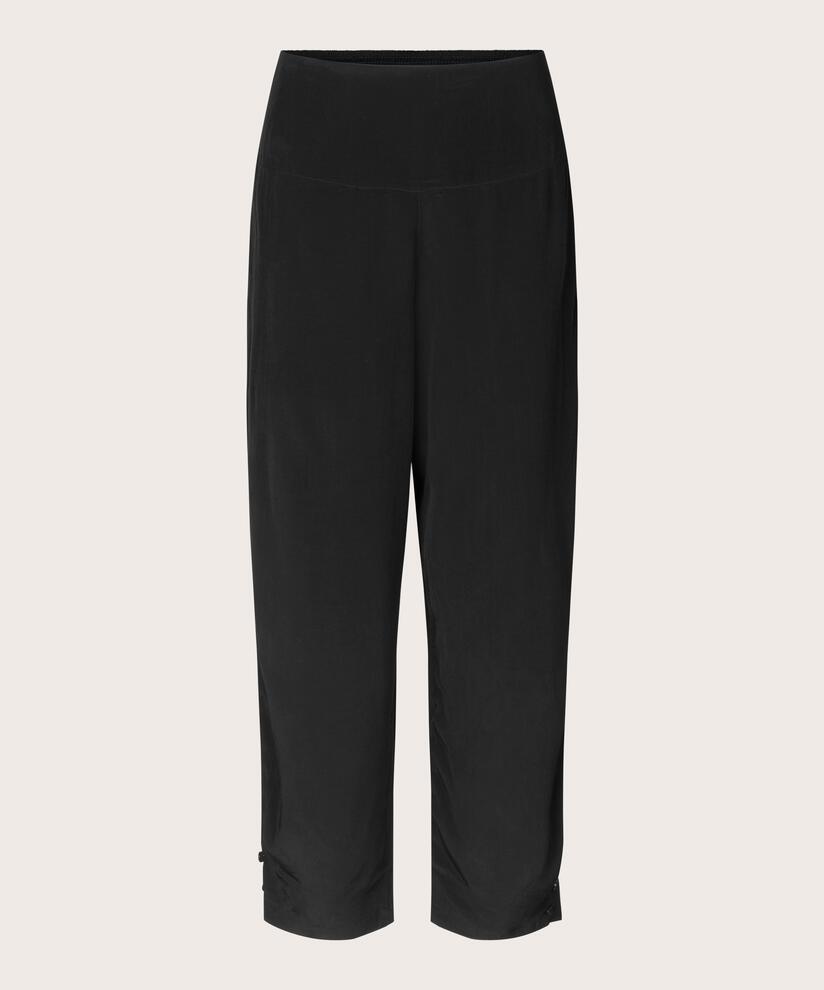 Viskosehose Mit Breitem, Gesmoktem Gummizug Hinten Und Knopfdetail, Black