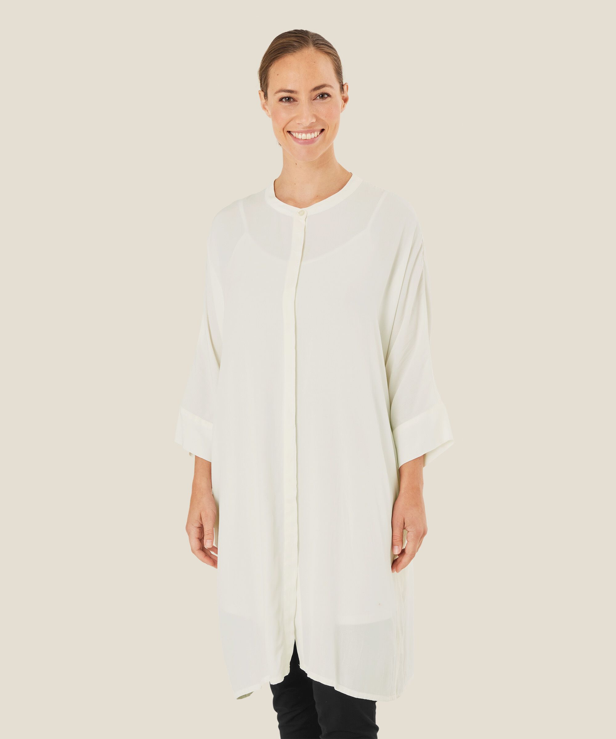 Hemdblusenkleid Aus Viskose Mit Dreiviertelärmeln, Cream