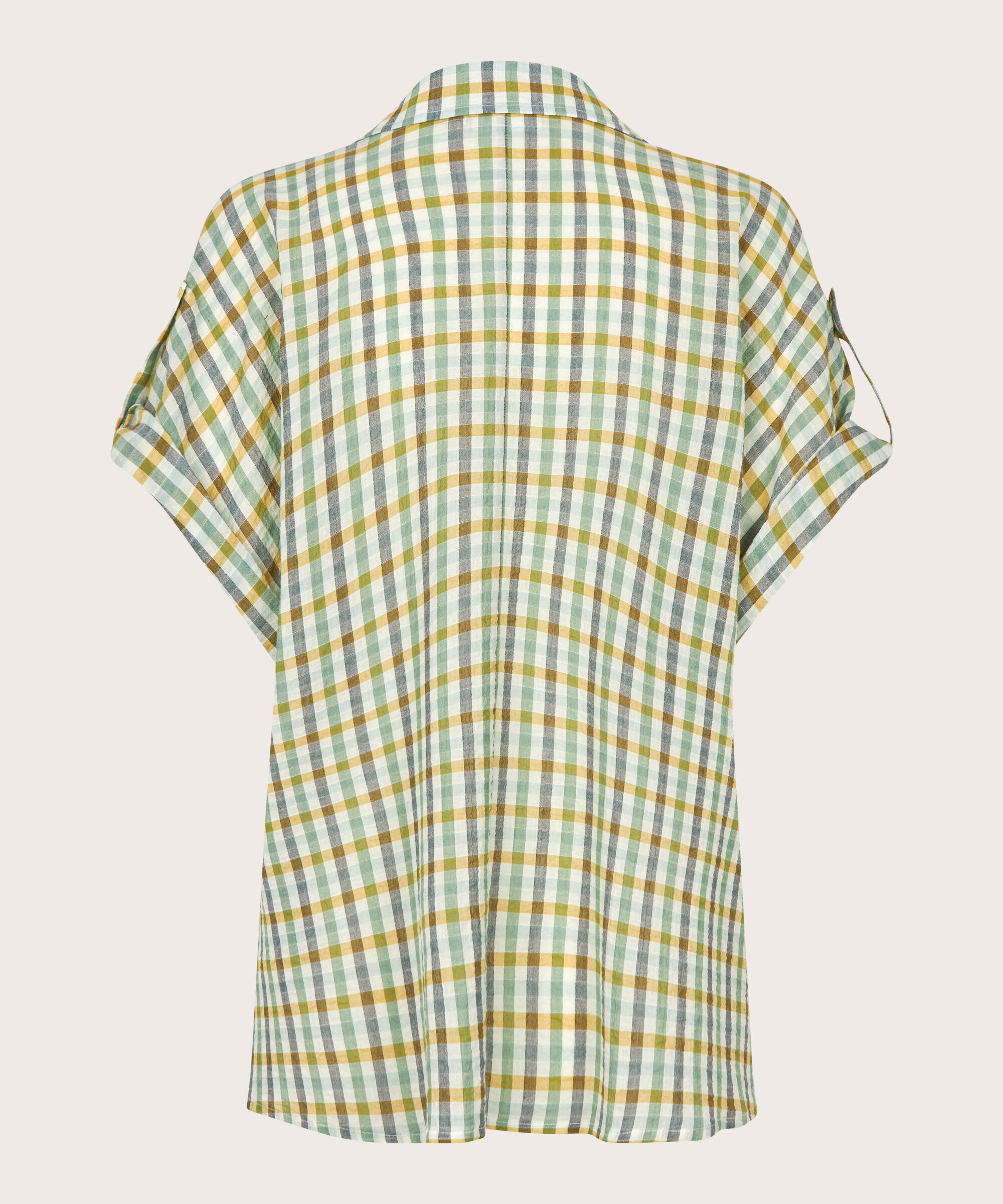 karierte Baumwollbluse mit Wickeleffekt, D. Grass Green