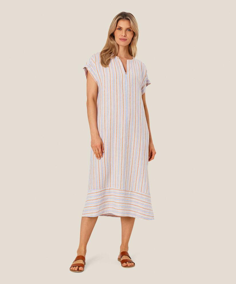 gestreiftes Leinenkleid mit Schlitz am Hals, Inca Gold