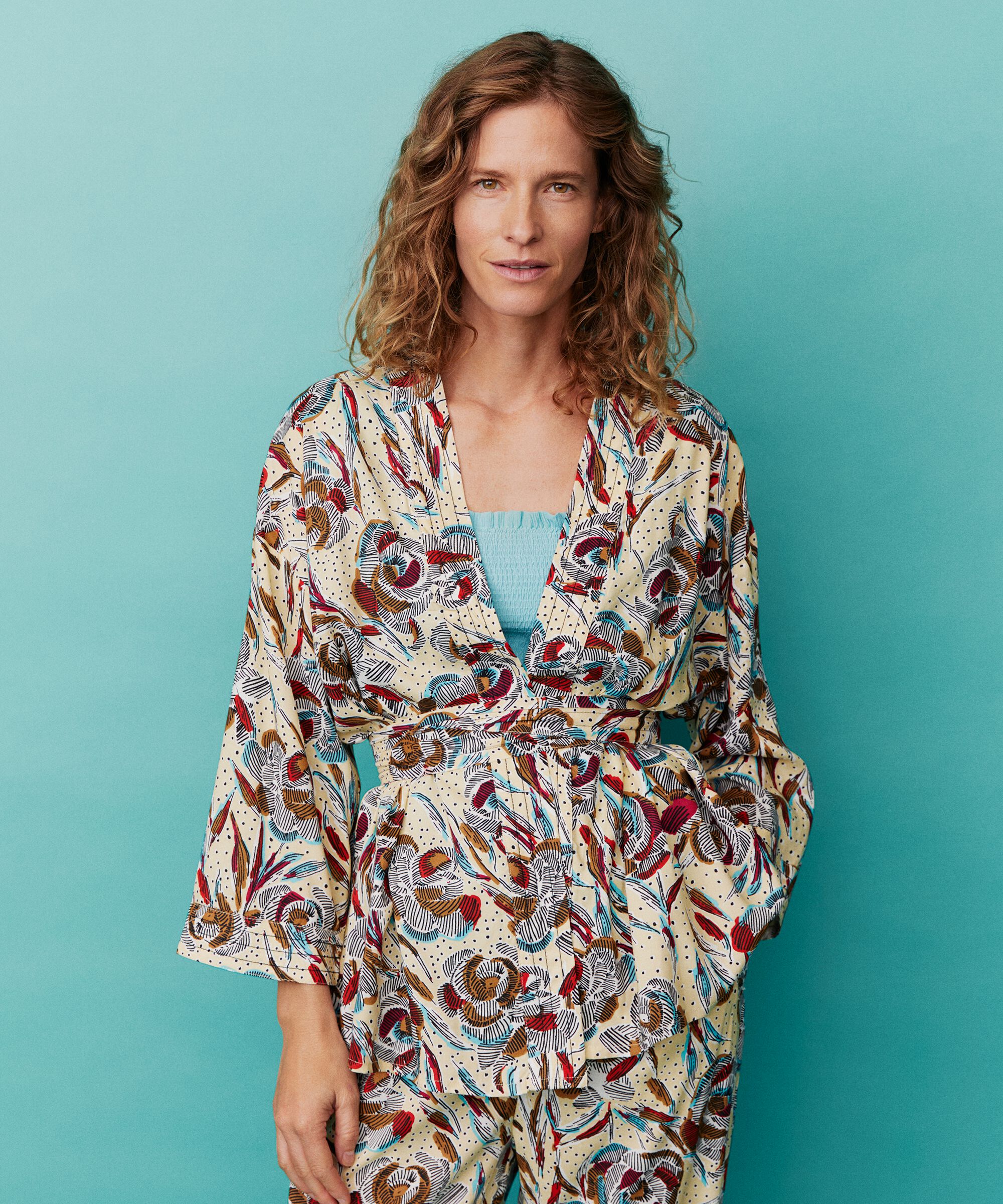 bedruckte Viskosejacke mit 3/4 Ärmeln und Gürtel, Soybean