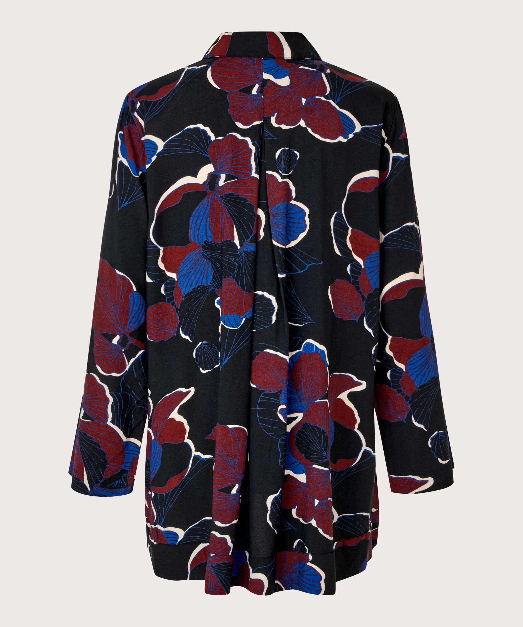 geblümte Viskose-Tunika mit Knopfdetail am Hals, Tawny Port