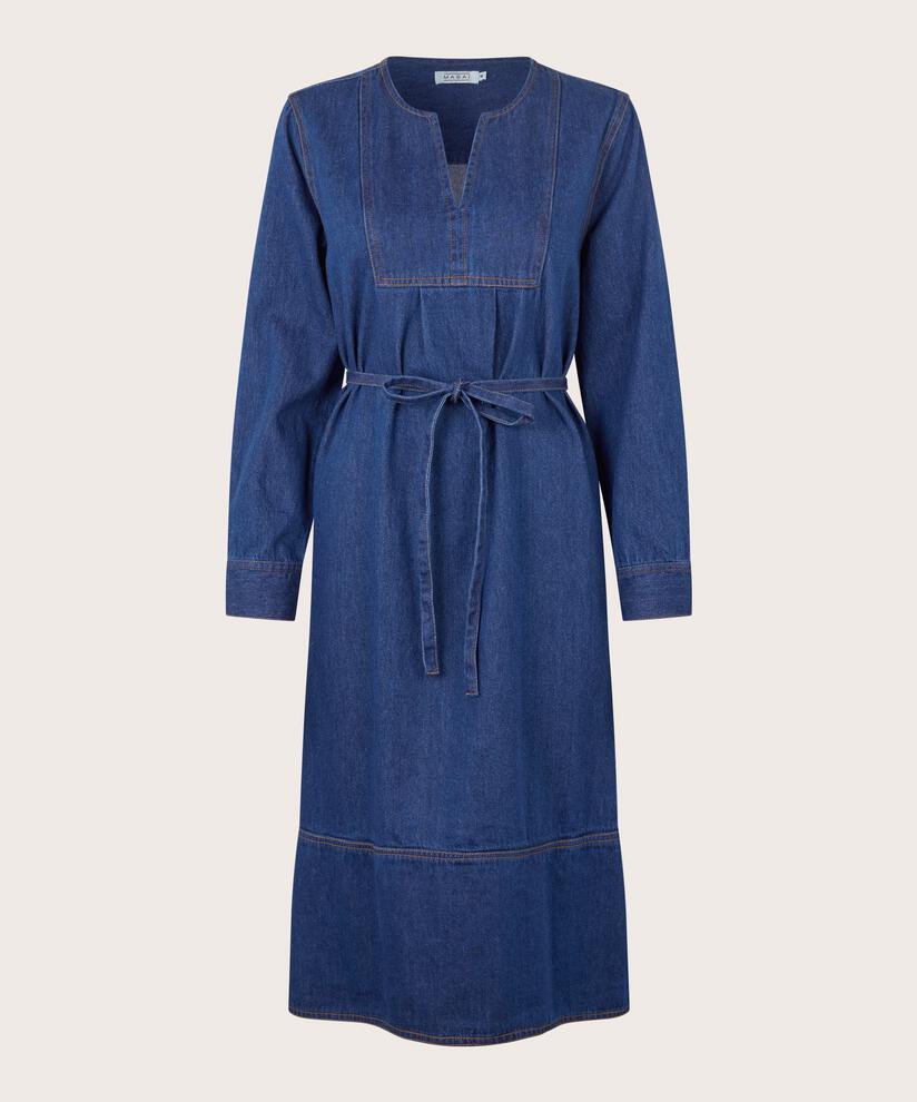 Jeanskleid mit V-Ausschnitt und Gürtel, Dark Denim