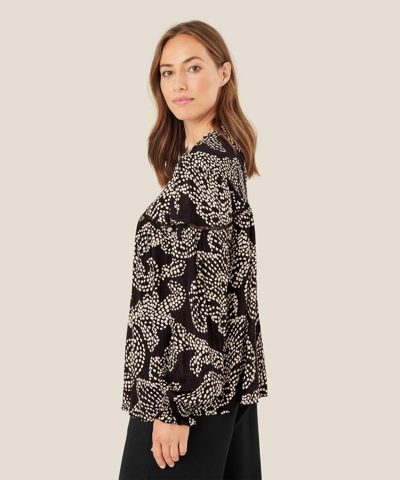 Bluse mit Rüschen am Hals und Spitze, Black