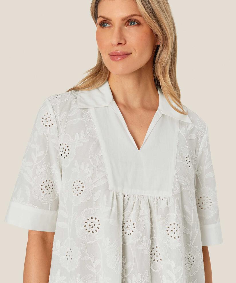 Kleid mit V-Ausschnitt und Anglaise-Stickerei, White