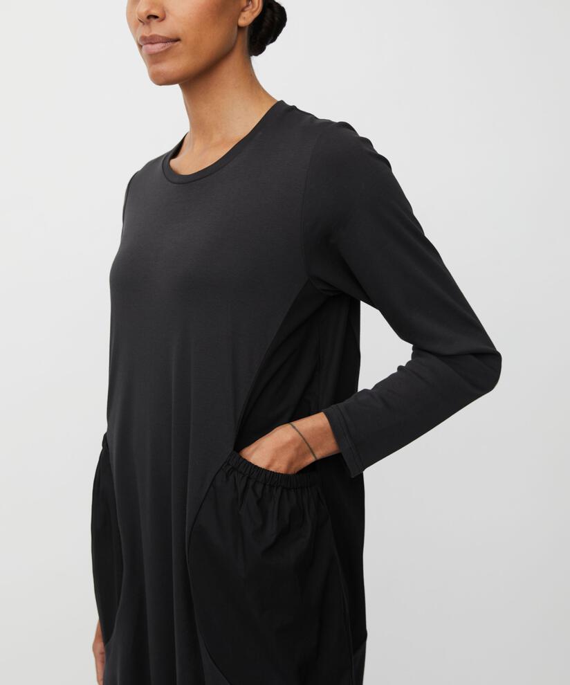 langärmliges Kleid aus Jersey und Baumwollpopeline, Black