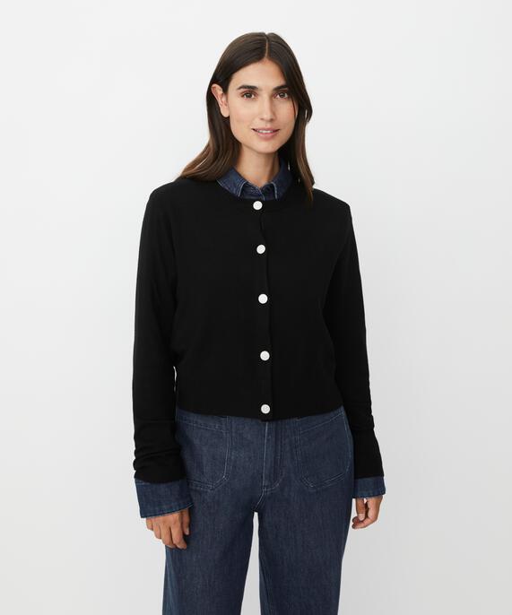 Langarm-Cardigan mit Strassknöpfen, Black