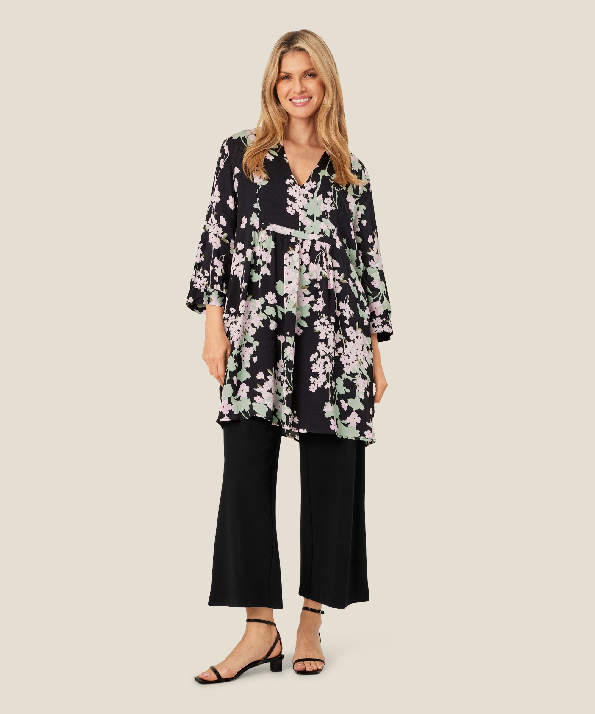 Geblümte Viskose-Tunika mit V-Ausschnitt, Pink Lady