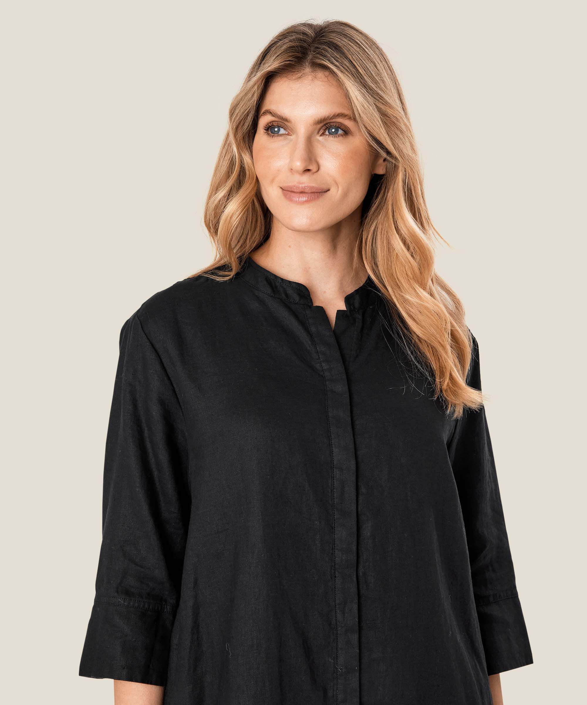 Hemdkleid aus Leinen mit Dreiviertelärmeln, Black